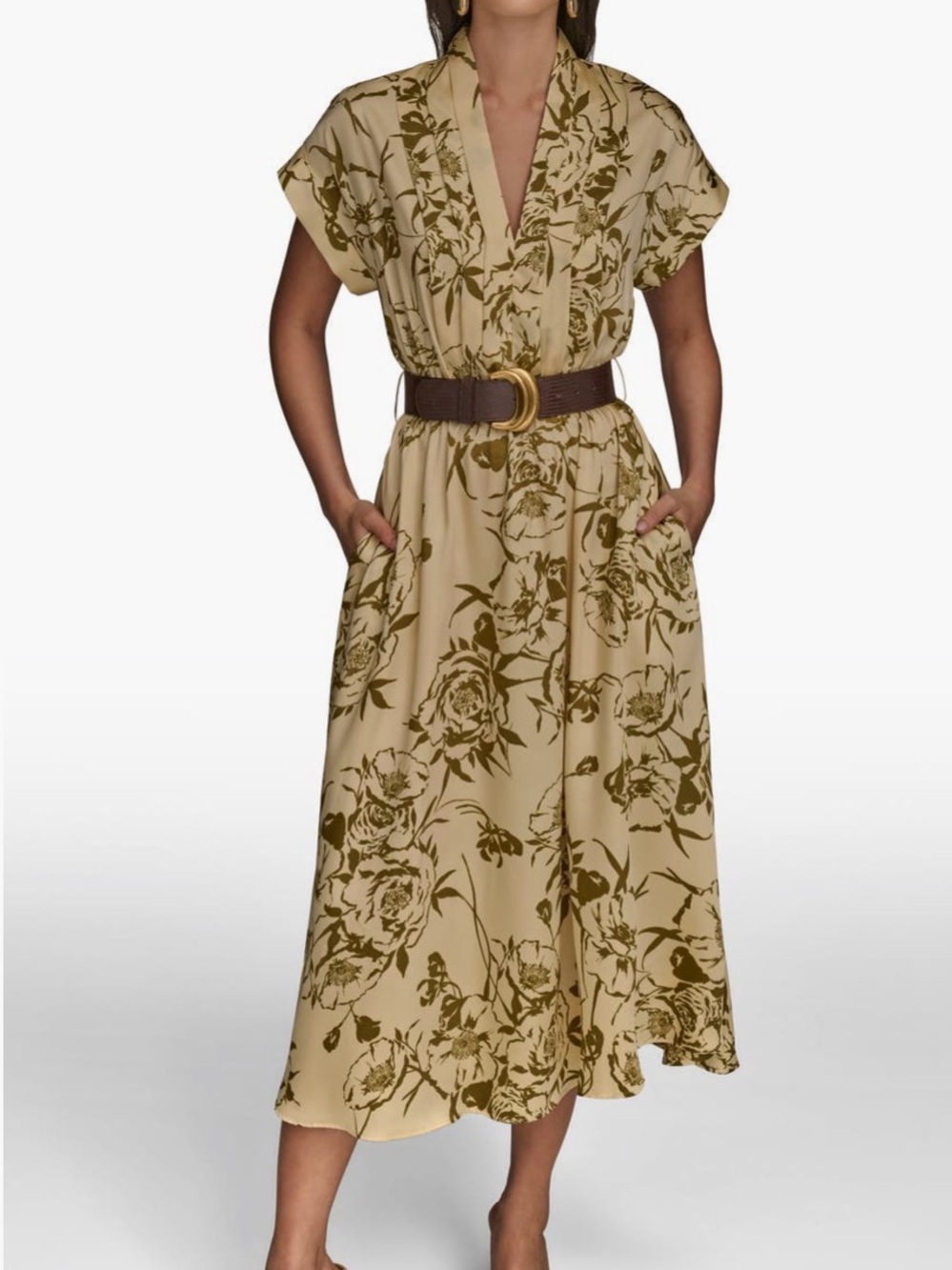 Donna Karan New York Floral Midi Dress Beige Olive Size size 14 NWT